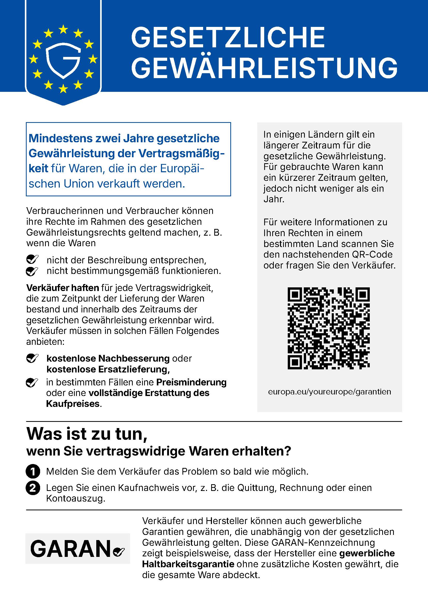 Hinweis zur gesetzlichen Gewährleistung in der EU